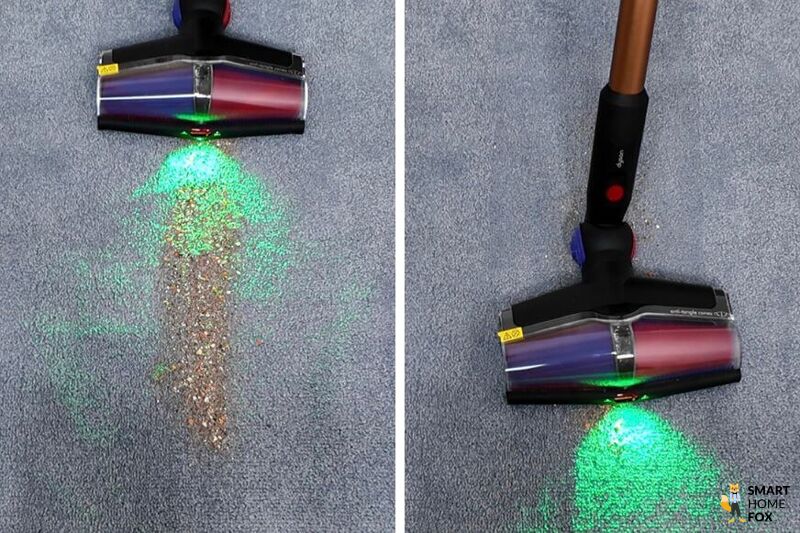 Der Dyson V16 Piston Animal saugt Haferflocken auf Hartboden im Testbereich.